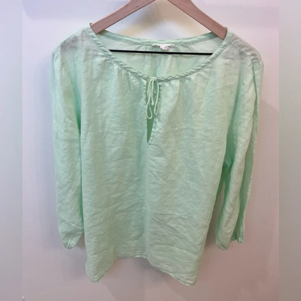 Eileen Fisher 100% Irish Linen Light Green Tie Front Pleasant top Blouse XL - Picture 2 of 5